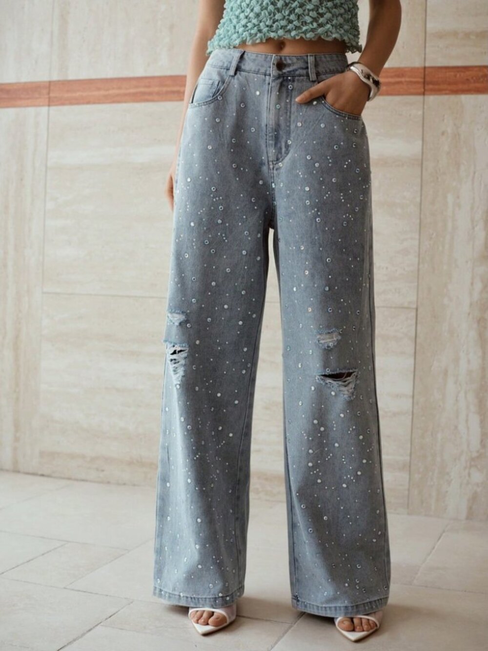 Silver Rhinestone Ripped Wide Leg Jeans - Picture 5 of 6